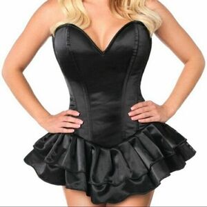 M 25"-28" Steel Boned Top Drawer Black Satin corset ruffled mini strapless dress